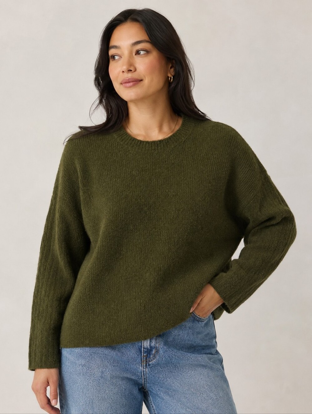 Studio B by Bobeau Olive Cable Sleeve Oversized Sweater 1X Plus Size